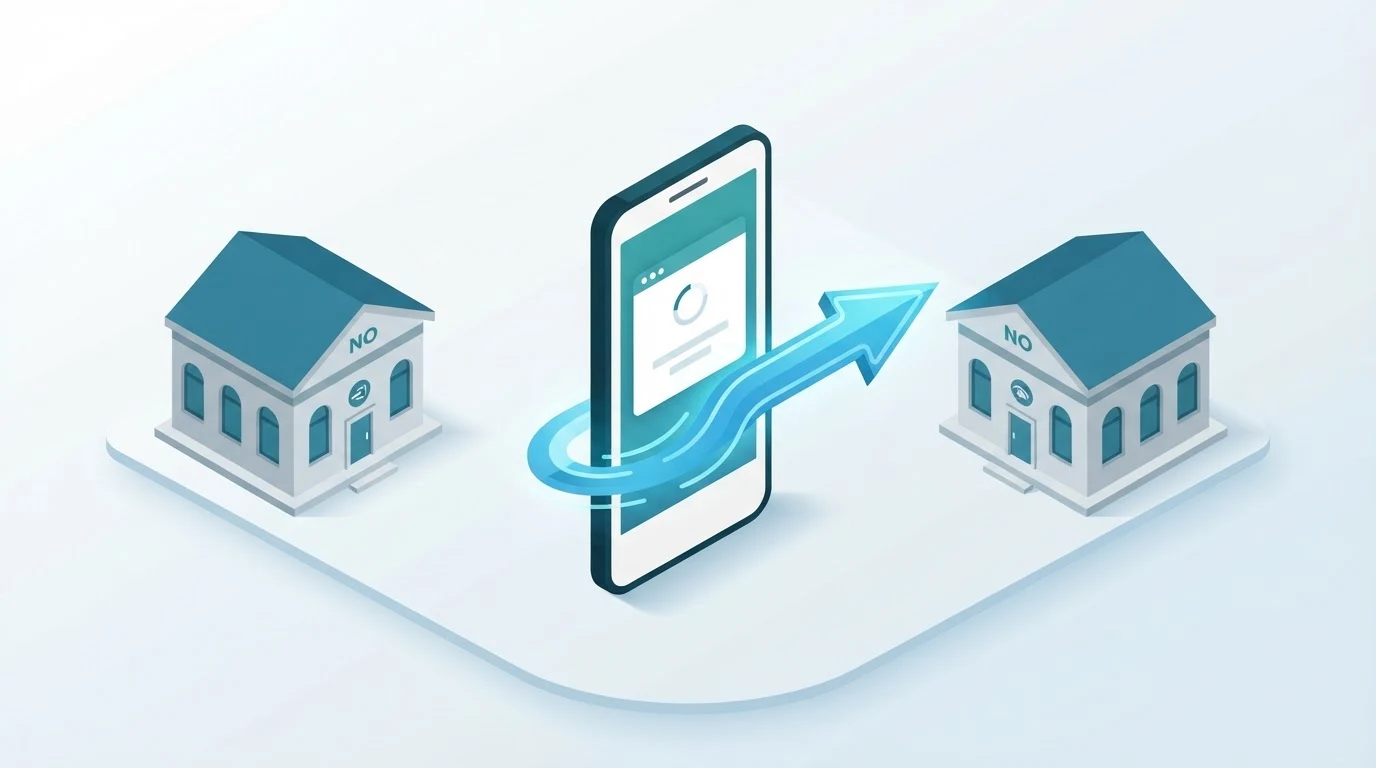 Isometric illustration of an instant transfer arrow between two bank buildings.