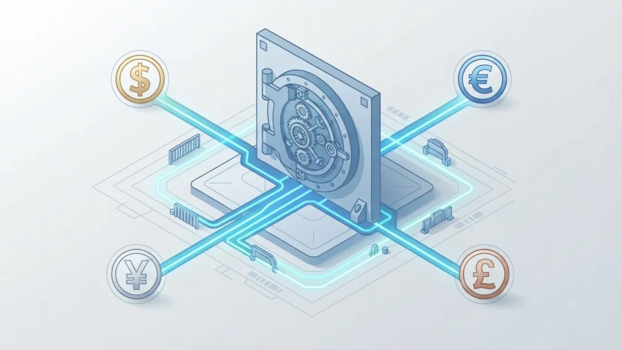 Isometric illustration of a bank vault connected to global payment rails.