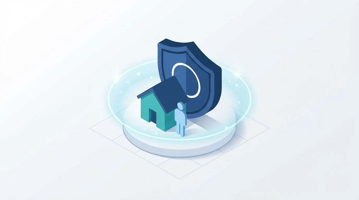 Isometric shield with a padlock and a person standing behind it, surrounded by small icons.