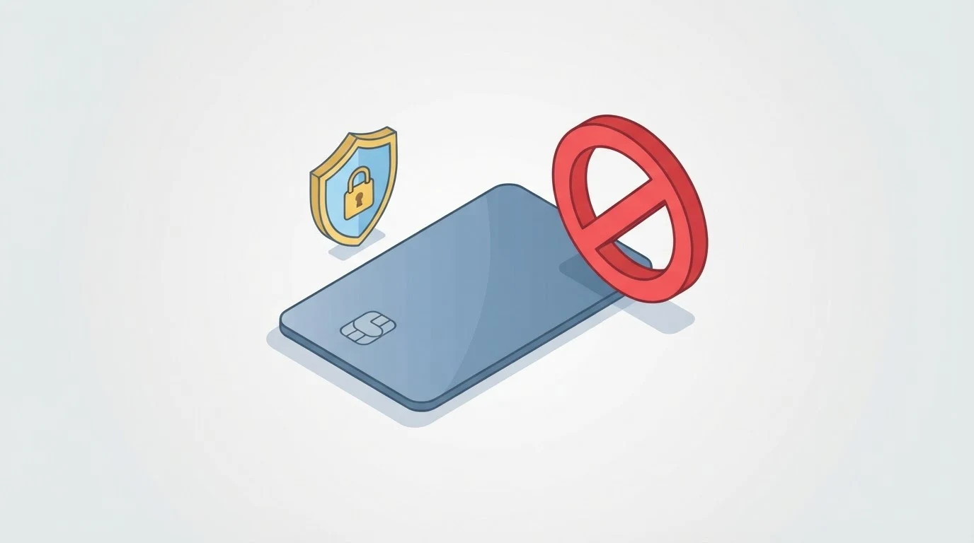 Isometric scene of a credit card with a red prohibition sign and a bank building.